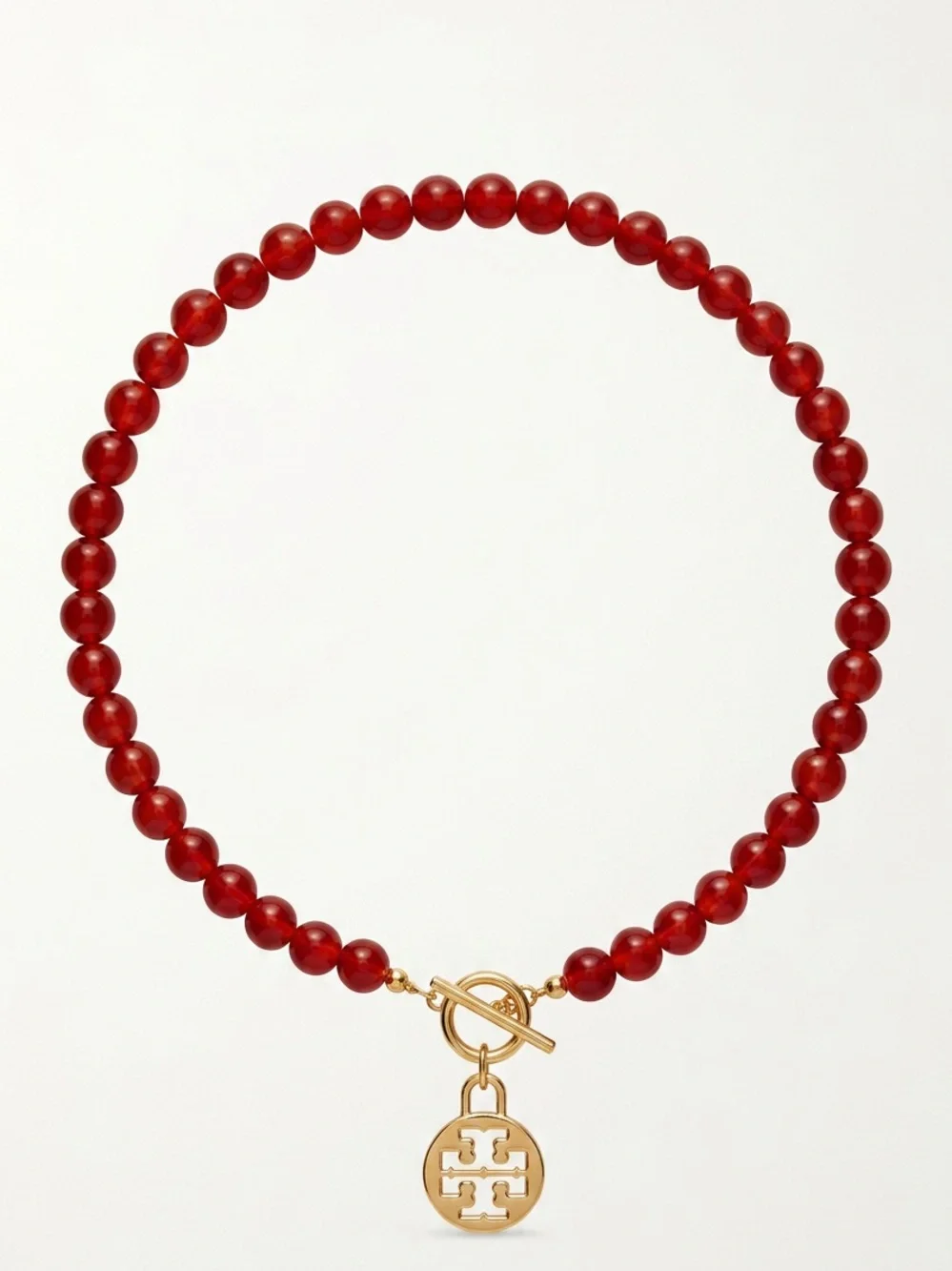 Tory Burch Red Beaded Necklace with Gold Logo Toggle